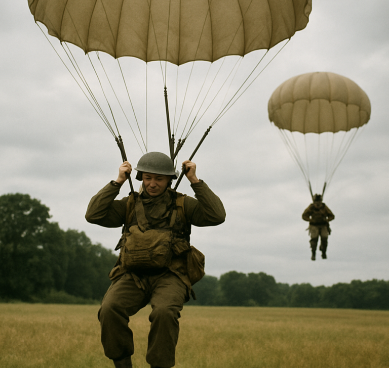 Twee parachutisten landen in een veld onder een bewolkte lucht.